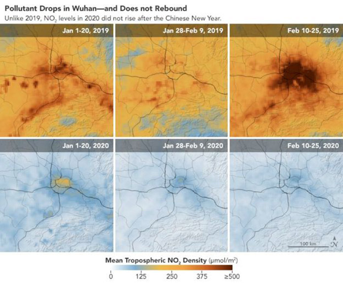 satellite images of air pollution of the Wuhan region in China